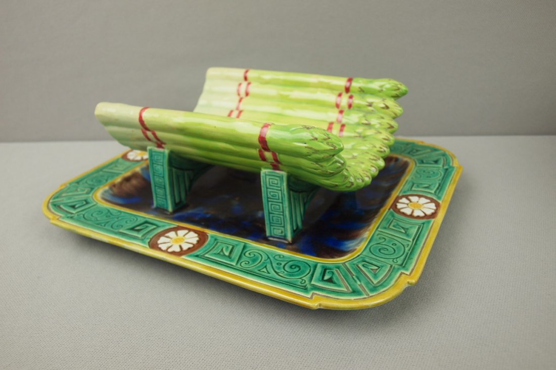 MINTON majolica asparagus server and attached sta: MINTON majolica asparagus server and attached stand, shape no. 1549, 10"l