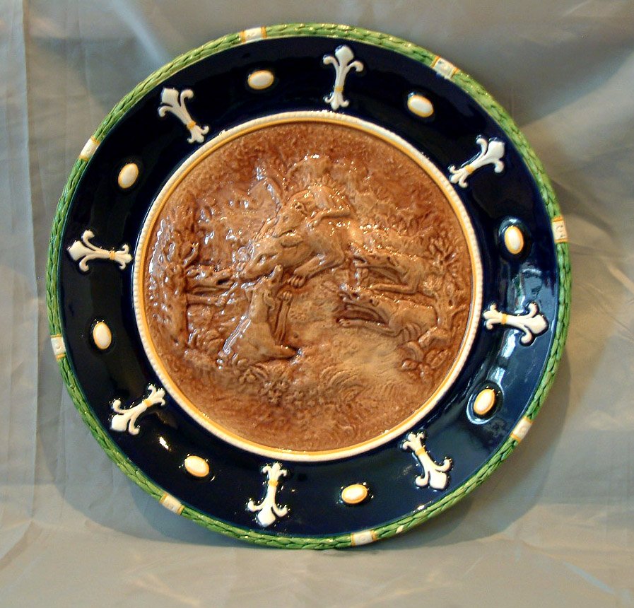 GEORGE JONES majolica fox hunt charger with fox a: GEORGE JONES majolica fox hunt charger with fox and hounds, 14"