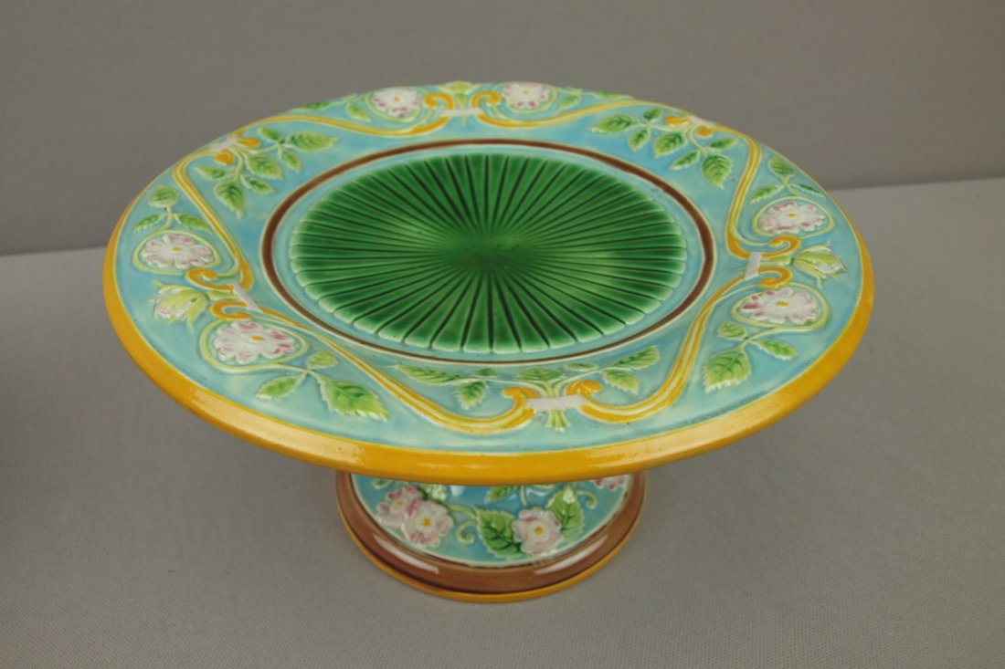 GEORGE JONES turquoise compote with floral border: GEORGE JONES turquoise compote with floral border, 9"d, 5"h, minor rim repair to underside