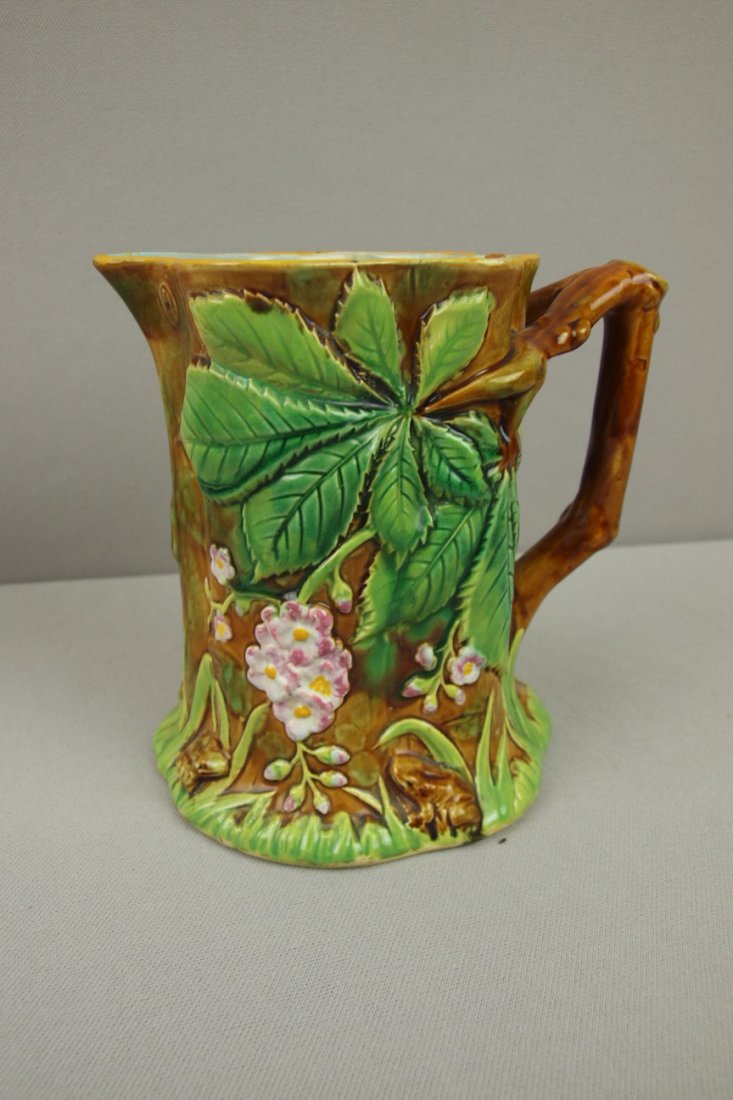 GEORGE JONES majolica rustic pitcher with frogs a: GEORGE JONES majolica rustic pitcher with frogs at base, 6", hairline, rim nick