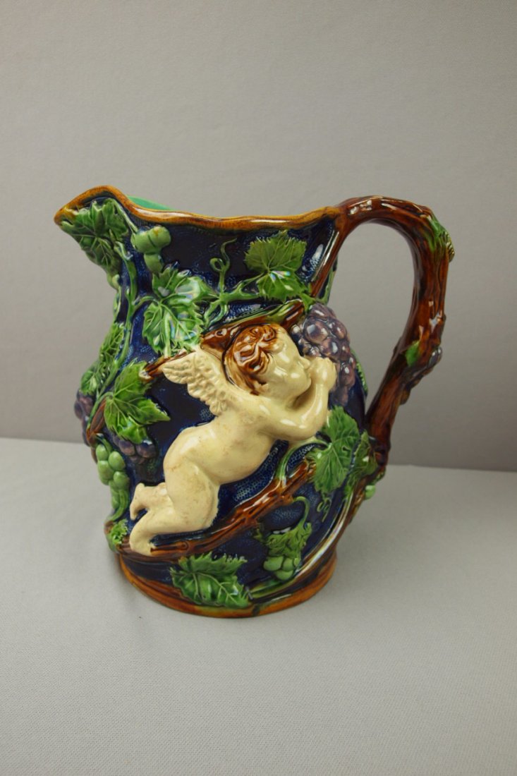 MINTON majolica cobalt cherub and grape wine jug,: MINTON majolica cobalt cherub and grape wine jug, nice detail, 8 3/4"