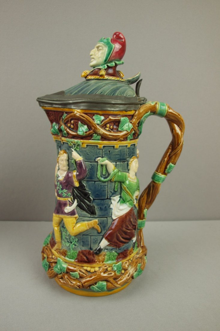 MINTON majolica tower jug with jester finial, hai: MINTON majolica tower jug with jester finial, hairline to lid, 13", shape no. 1231, ref: Karmason-Stacke p. 43