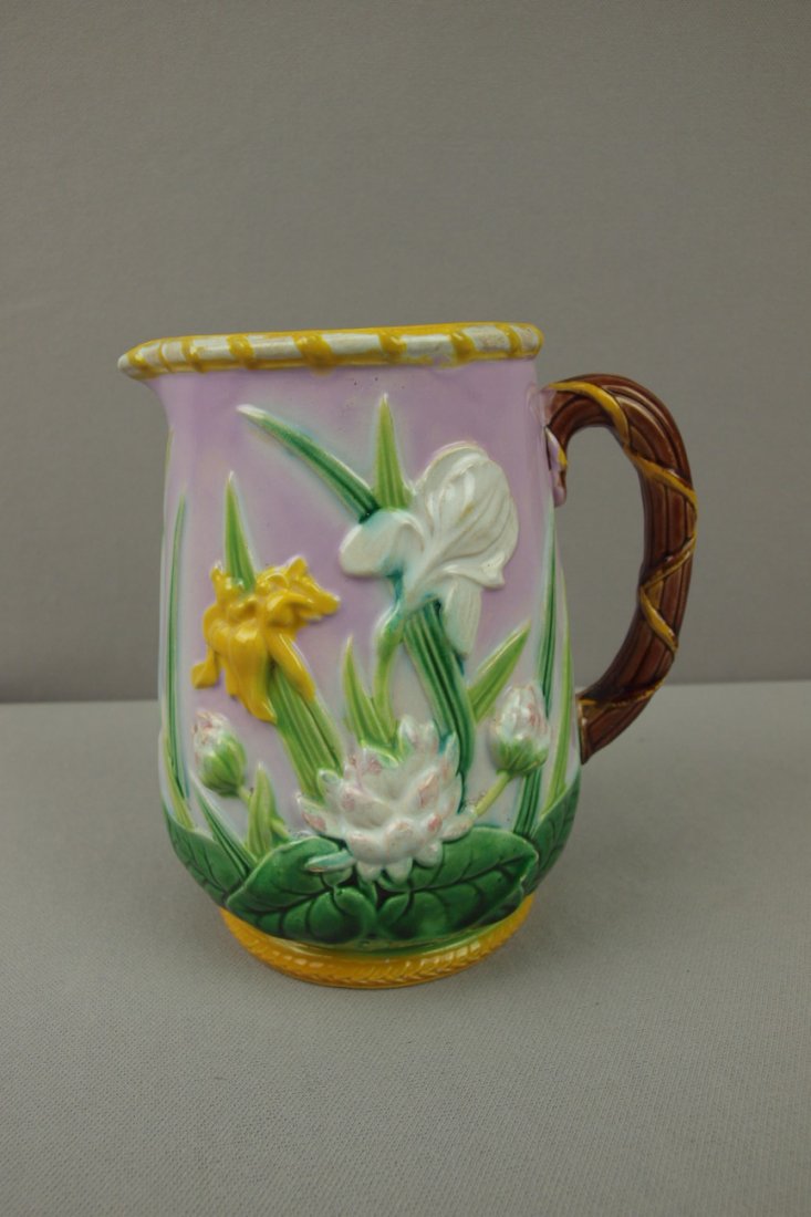GEORGE JONES majolica lily and iris pitcher with : GEORGE JONES majolica lily and iris pitcher with pink ground, great color, 6 1/2"