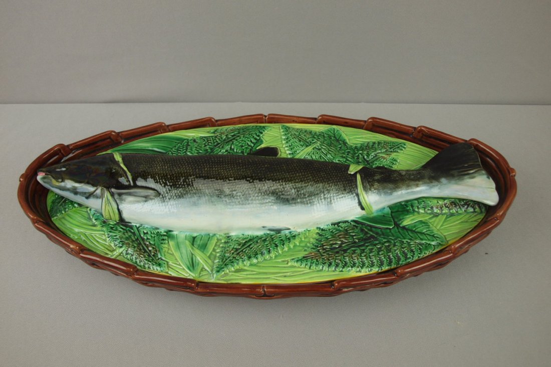 GEORGE JONES majolica salmon covered basket turee: GEORGE JONES majolica salmon covered basket tureen, 19"l, professional repair to cover