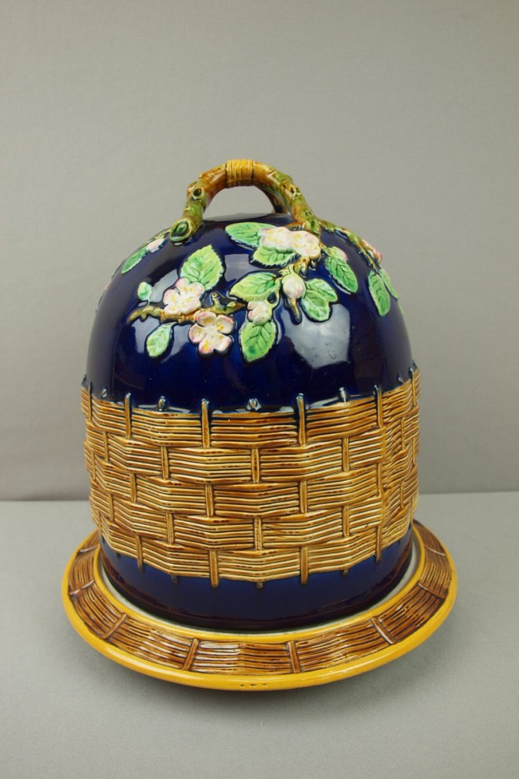 GEORGE JONES cobalt majolica apple blossom and ba: GEORGE JONES cobalt majolica apple blossom and basketweave full size cheese keeper, 12 1/2"h, 11 1/2"d, great color and detail