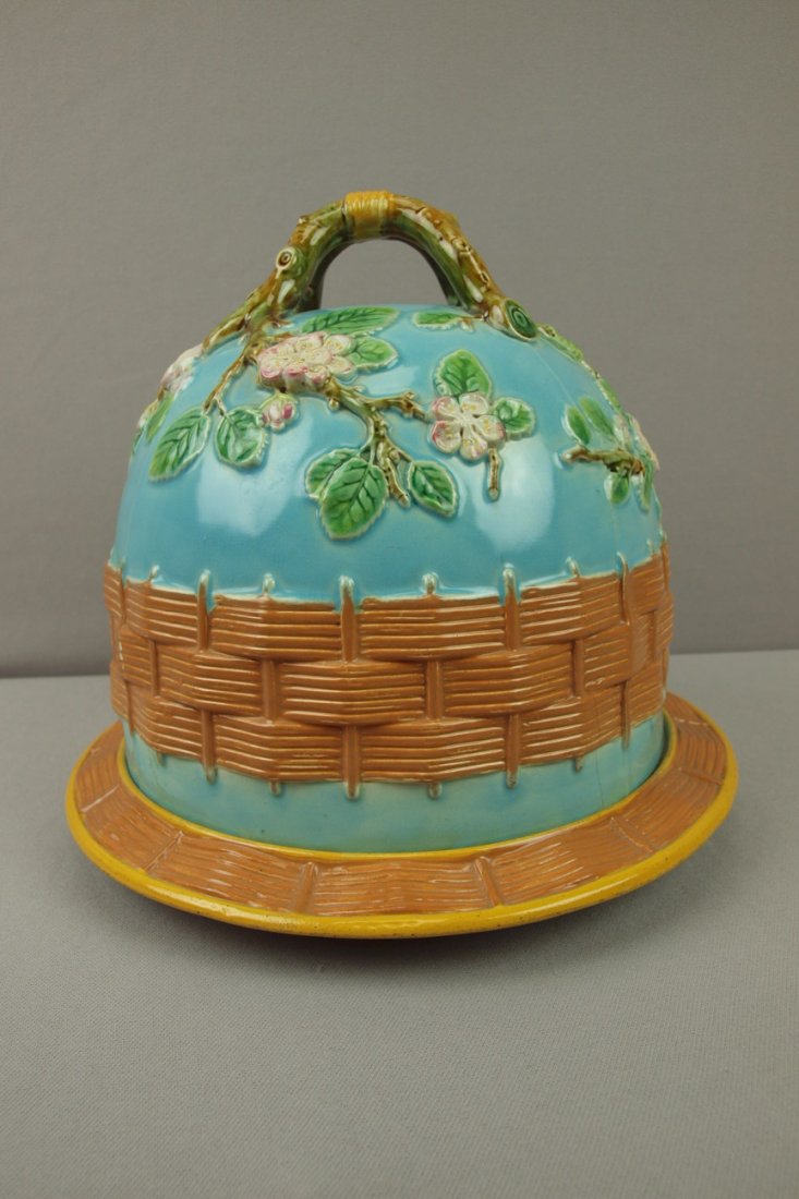 GEORGE JONES majolica turquoise apple blossom and: GEORGE JONES majolica turquoise apple blossom and basketweave cheese keeper, 10"h, 11"d, hairlines to cover