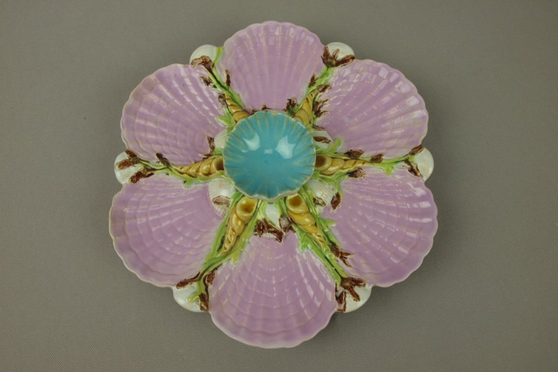 GEORGE JONES majolica large pink 6 well oyster pl: GEORGE JONES majolica large pink 6 well oyster plate with raised center well, 10 1/4", professional rim repair