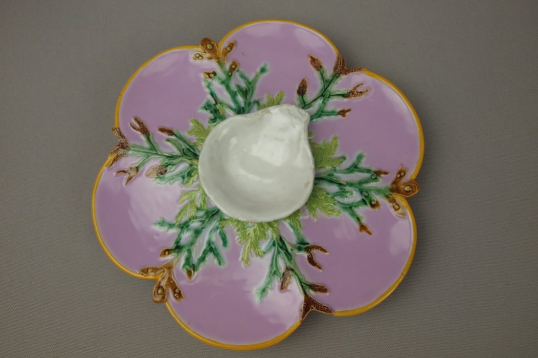 GEORGE JONES pink majolica 6 well oyster plate wi: GEORGE JONES pink majolica 6 well oyster plate with raised center shell, ref: Karsnitz p. 44, 10"