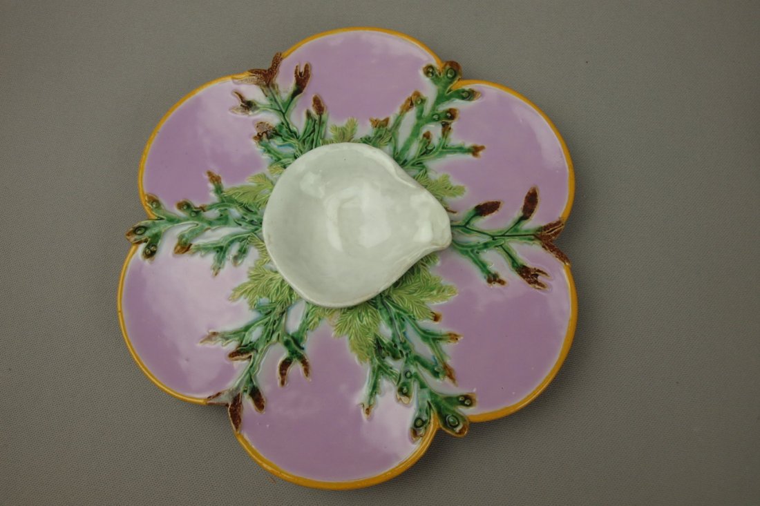 GEORGE JONES pink majolica 6 well oyster plate wi: GEORGE JONES pink majolica 6 well oyster plate with center shell, 10", ref: Karsnitz p. 44