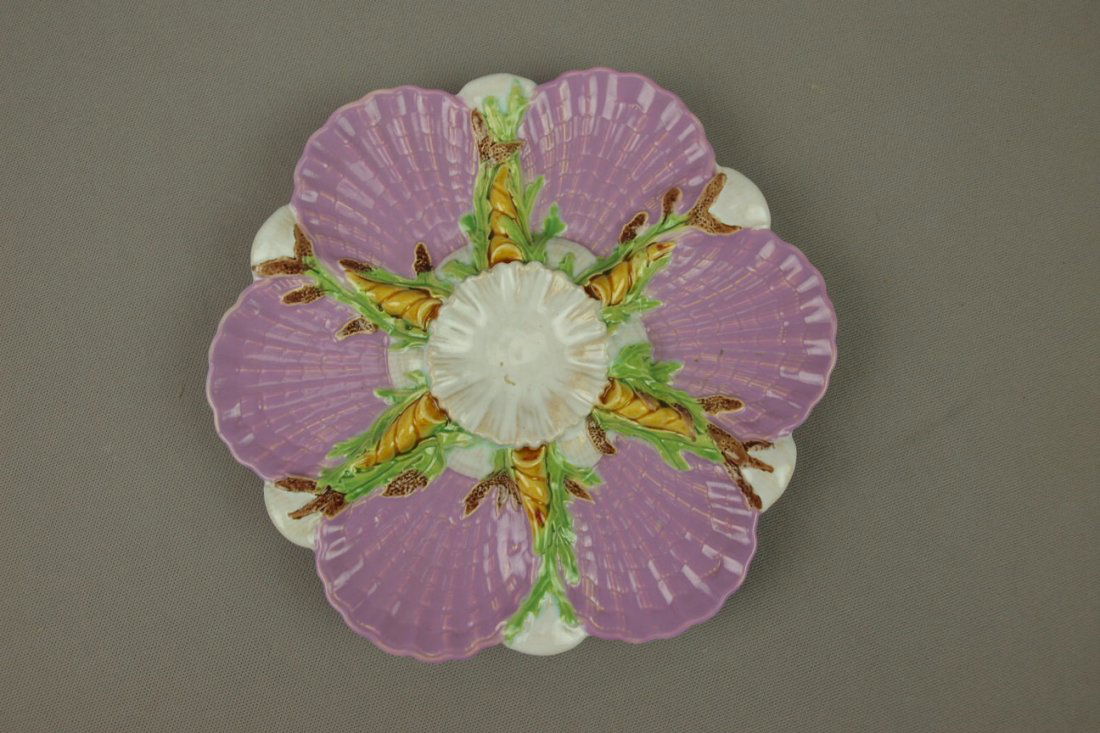 GEORGE JONES majolica 6 well pink oyster plate, 8: GEORGE JONES majolica 6 well pink oyster plate, 8 3/4", ref: Karsnitz p. 50