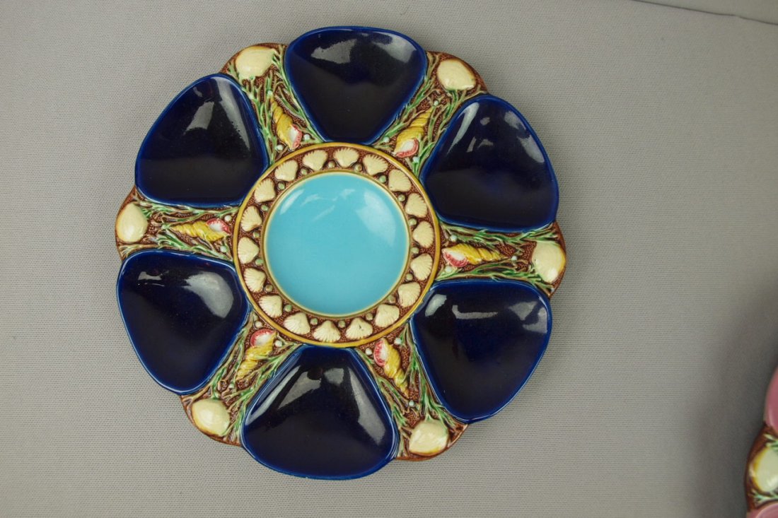 MINTON majolica cobalt 6 well oyster plate, shape: MINTON majolica cobalt 6 well oyster plate, shape no. 1323, 9", ref: Karsnitz p. 52