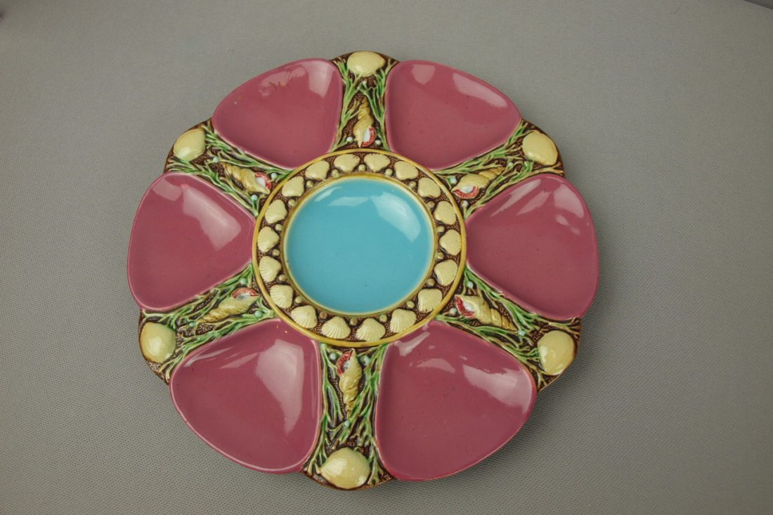 MINTON majolica pink 6 well oyster plate, shape n: MINTON majolica pink 6 well oyster plate, shape no. 1323, 9 1/2"