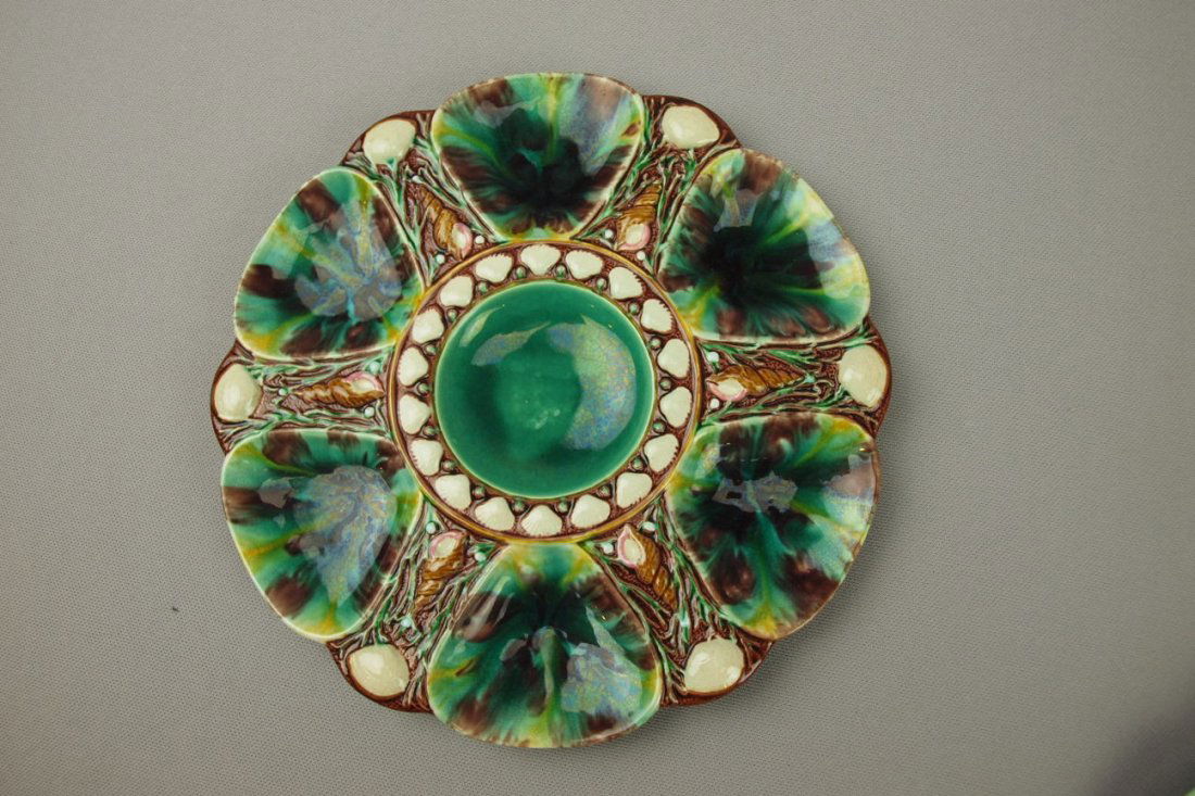 MINTON majolica mottled 6 well oyster plate, shap: MINTON majolica mottled 6 well oyster plate, shape no. 1323, 9", ref: Karsnitz p. 52