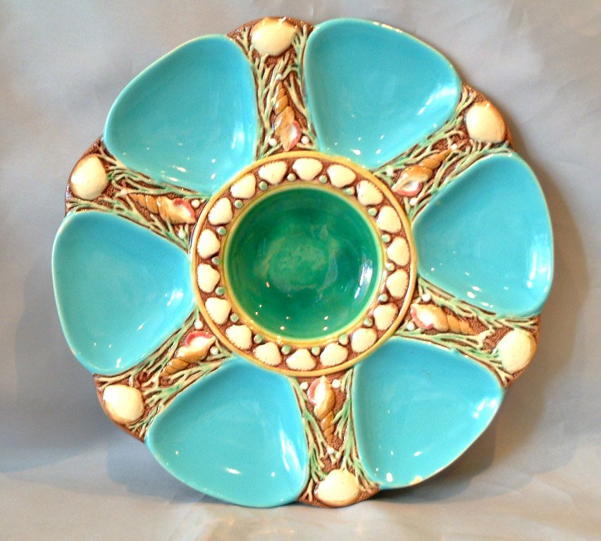 MINTON majolica turquoise 6 well oyster plate, sh: MINTON majolica turquoise 6 well oyster plate, shape no. 1323