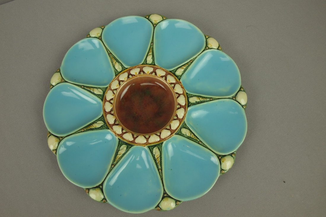 MINTON turquoise majolica 9 well oyster plate, 10: MINTON turquoise majolica 9 well oyster plate, 10"