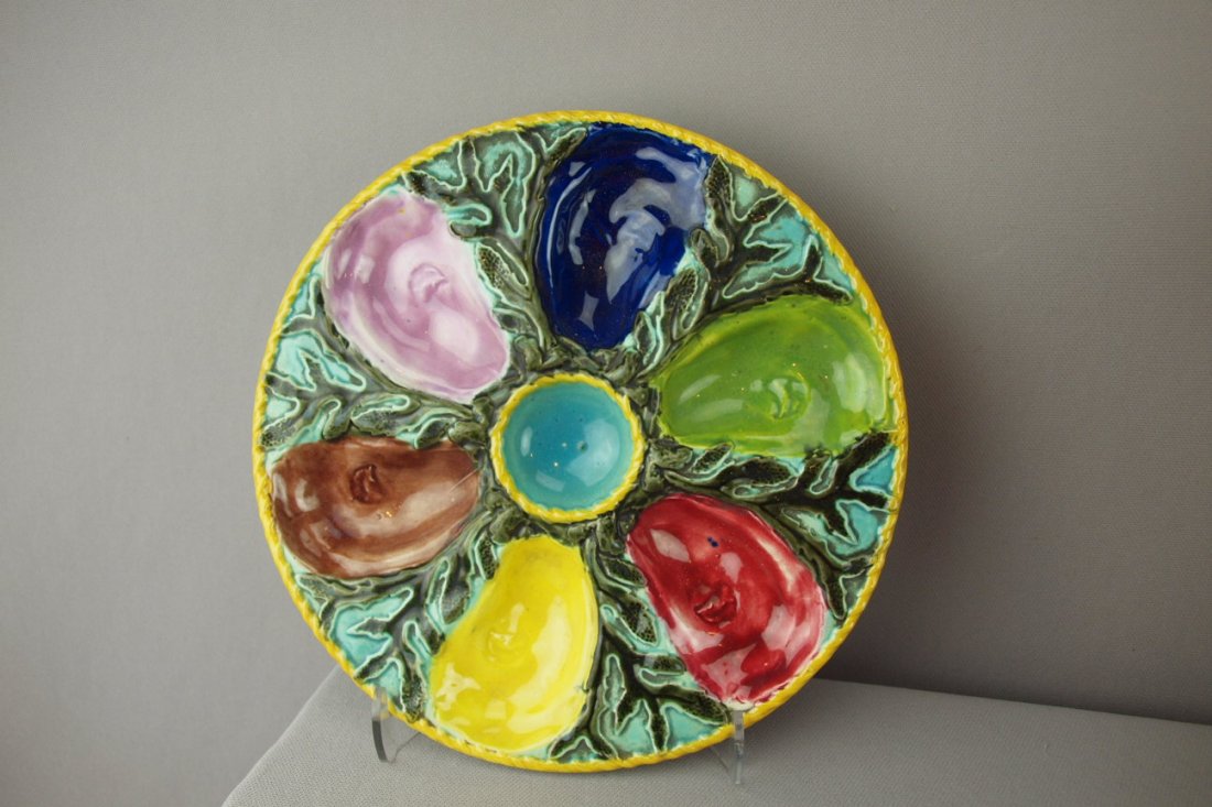 FIELDING majolica rare multi-color 6 well oyster: FIELDING majolica rare multi-color 6 well oyster plate with shell feet, 9", ref: Karsnitz p. 45