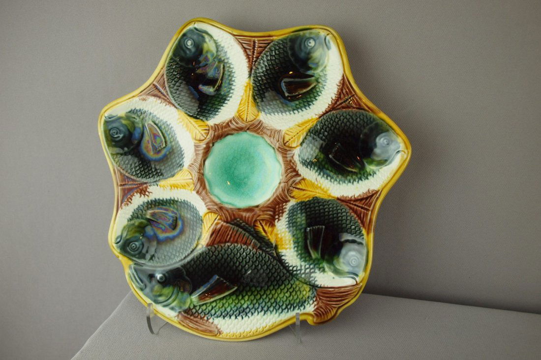 Adams & Bromley majolica 6 well fish oyster plate: Adams & Bromley majolica 6 well fish oyster plate with fish cracker well, ref: Karsnitz p.47, 10 1/2"