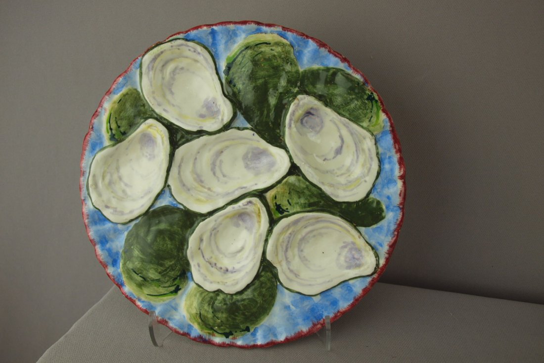 NAPOLI majolica 6 well oyster plate, ref: Karsnit: NAPOLI majolica 6 well oyster plate, ref: Karsnitz p. 128, 8 3/4"