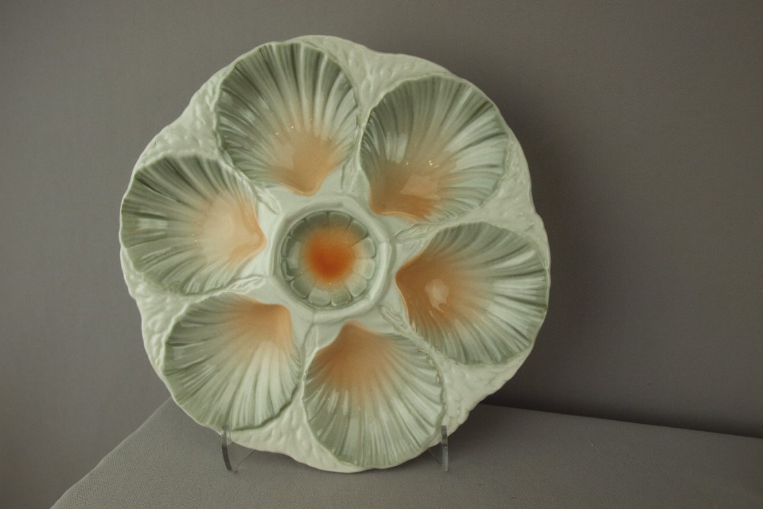 Sarreguemines majolica 6 well oyster plate with g: Sarreguemines majolica 6 well oyster plate with gray wells, ref: Karsnitz p. 49, 9 1/2"