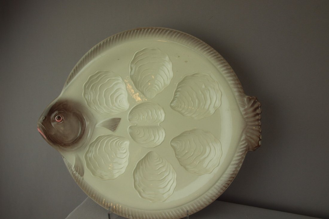 German majolica fish shaped large 6 well oyster p: German majolica fish shaped large 6 well oyster platter, 13 1/2", ref: Snyder p. 142