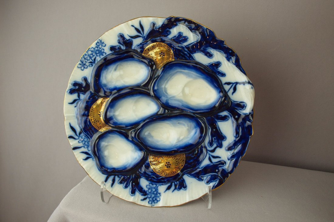 Doulton Burslem rare flow blue 5 well oyster plat: Doulton Burslem rare flow blue 5 well oyster plate, great color, 9"