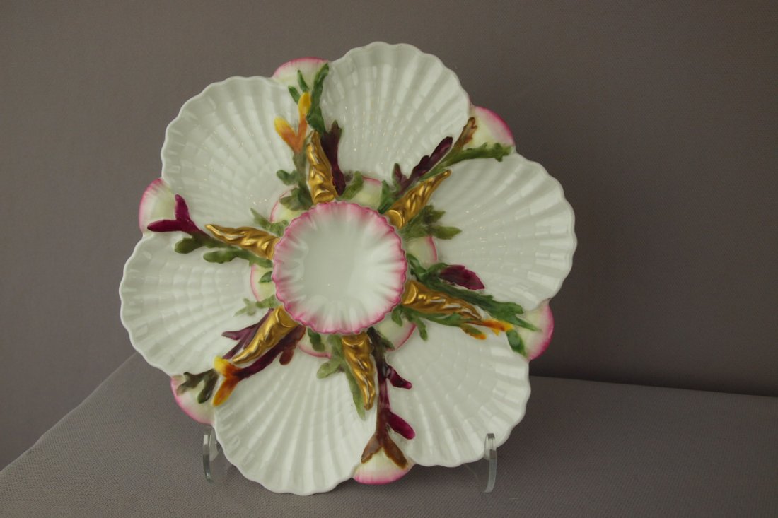 GEORGE JONES porcelain 6 well oyster plate with p: GEORGE JONES porcelain 6 well oyster plate with pink and gold accent, 8 1/2", minor hairline to back