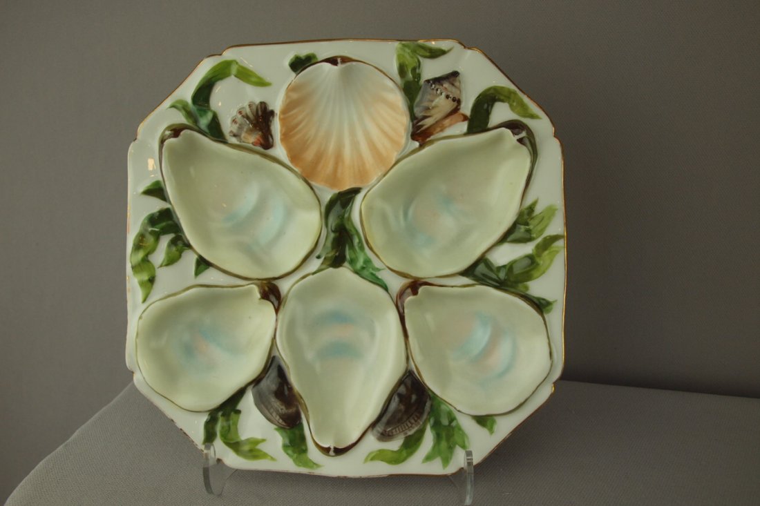 Porcelain 5 well square oyster plate with decorat: Porcelain 5 well square oyster plate with decorated shells and seaweed, ref: Karsnitz p. 95, 8 1/4"