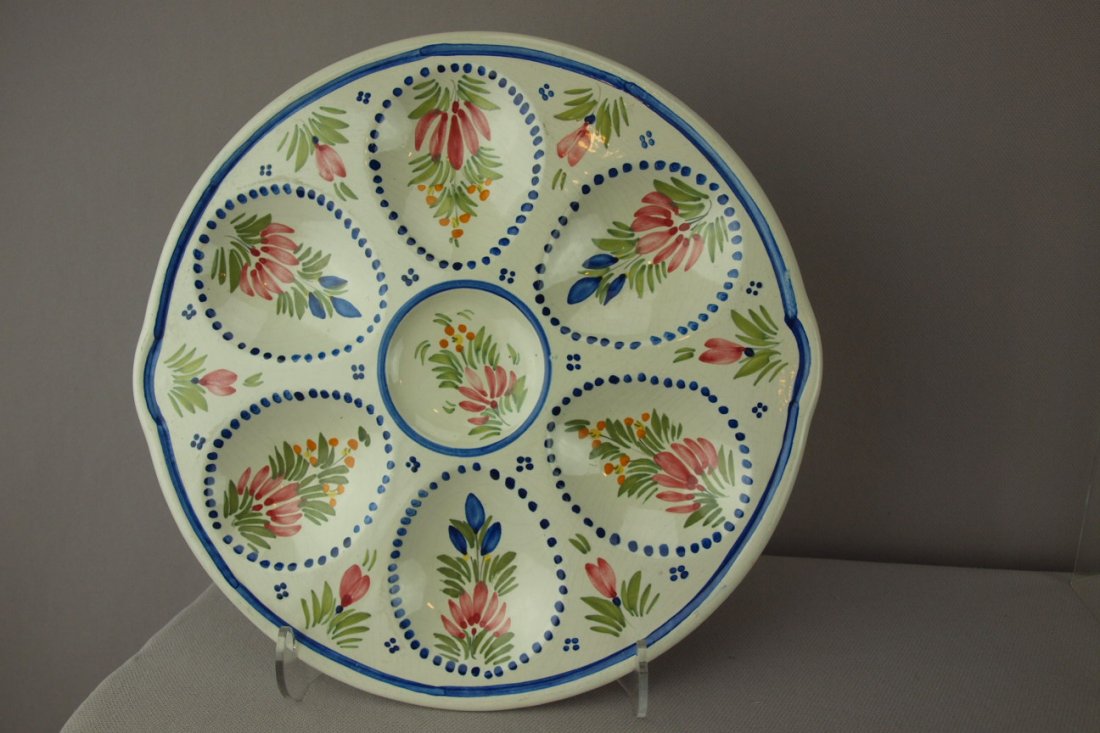 Quimper French 6 well oyster plate with Dutch flo: Quimper French 6 well oyster plate with Dutch flower motif, 9 1/2"