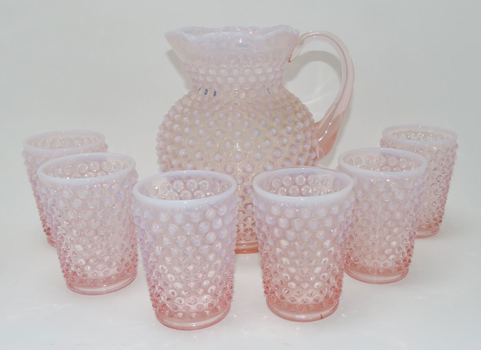 Fenton pink opalescent hobnail 7 pc (1 of 1)