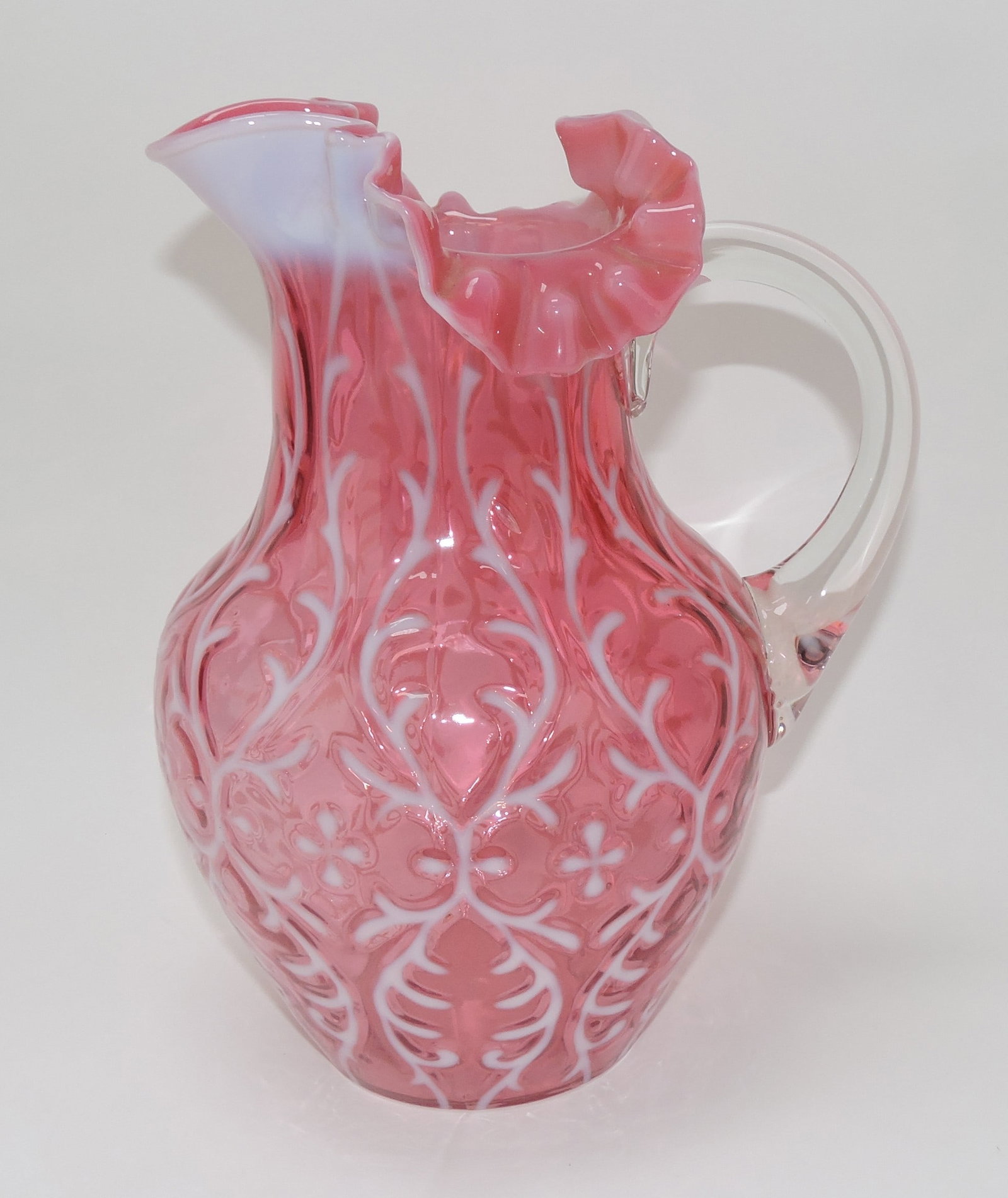 Northwood cranberry opalescent Spanish: Lace water pitcher, 10"