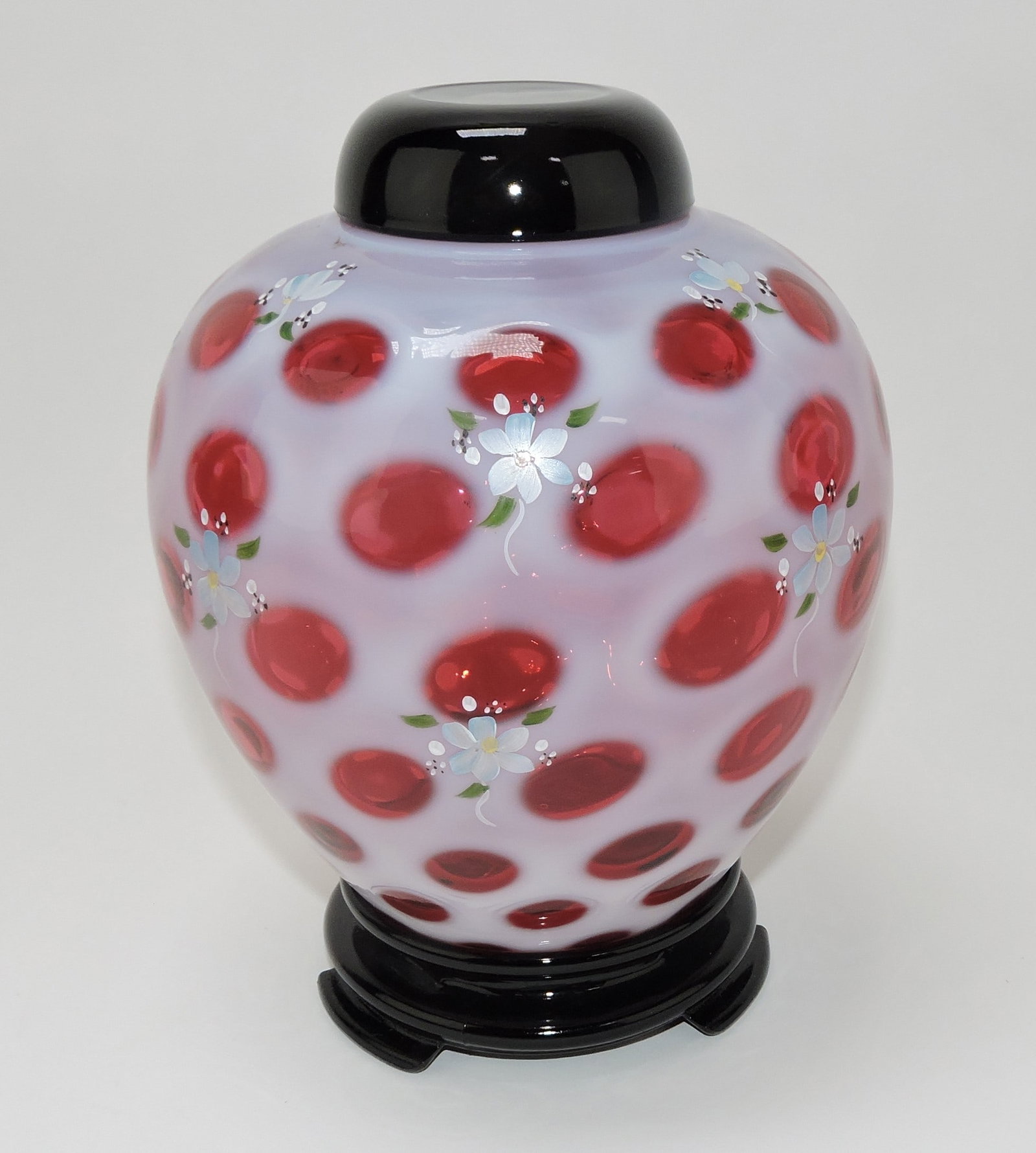 Fenton cranberry opalescent coin spot: floral enamel ginger jar, 8"