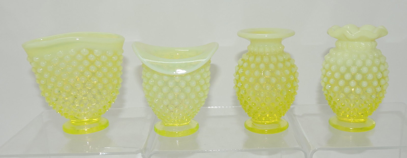 Fenton topaz vaseline opalescent hobnail: lot of 4 pcs, 4"