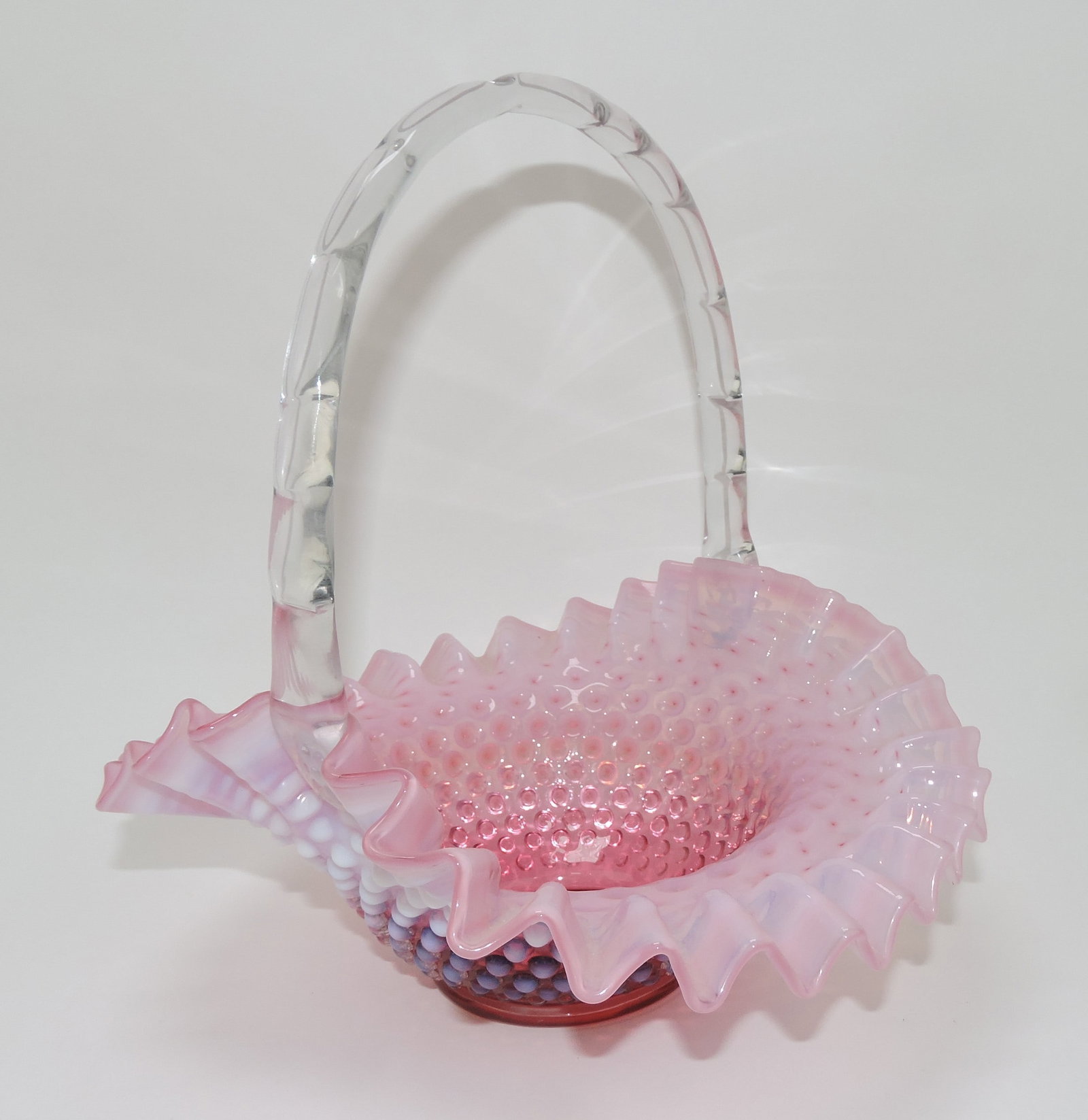 Fenton cranberry opalescent hobnail: basket, 11"h