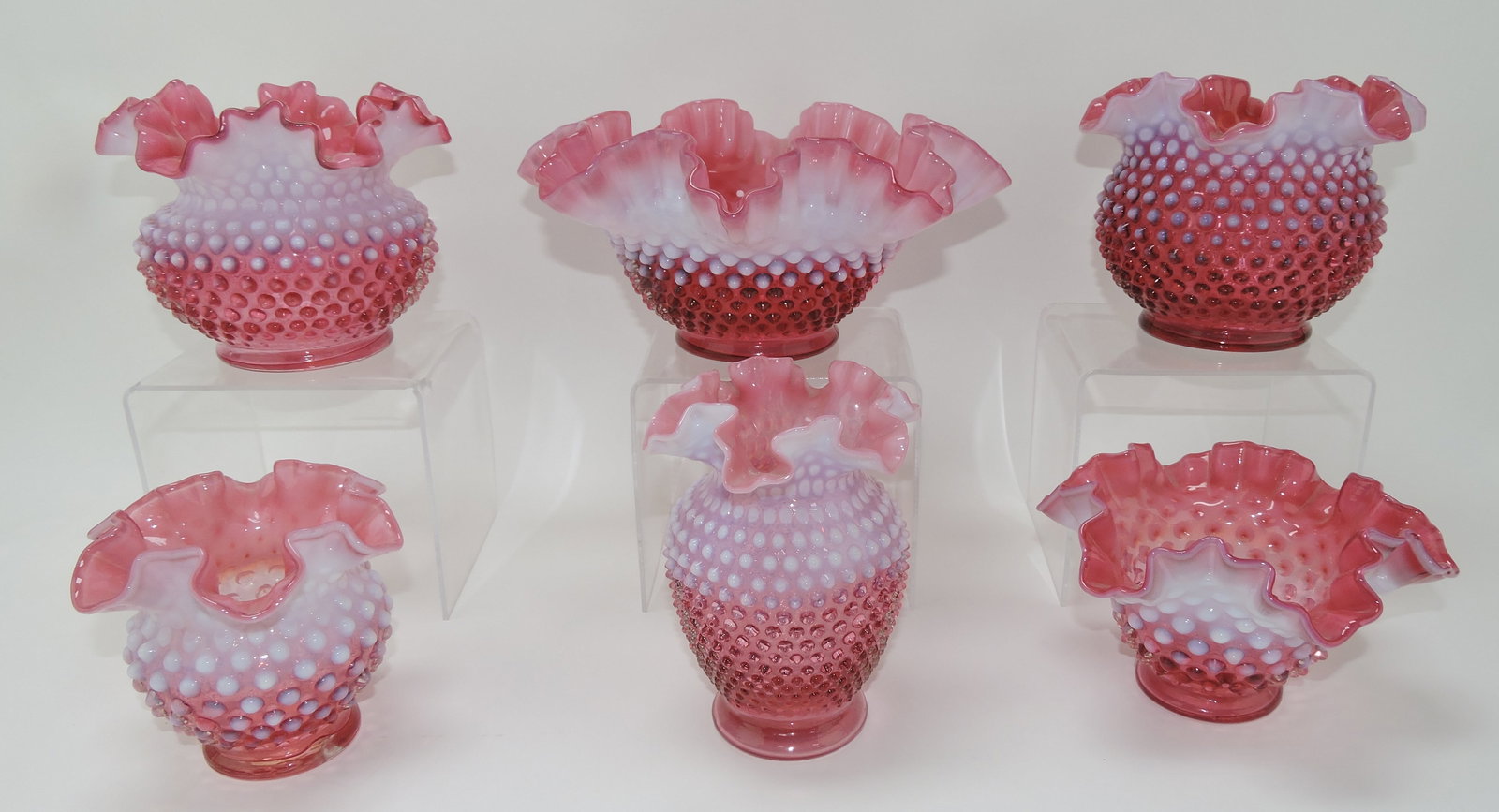 Fenton cranberry opalescent hobnail: lot of 6 pcs