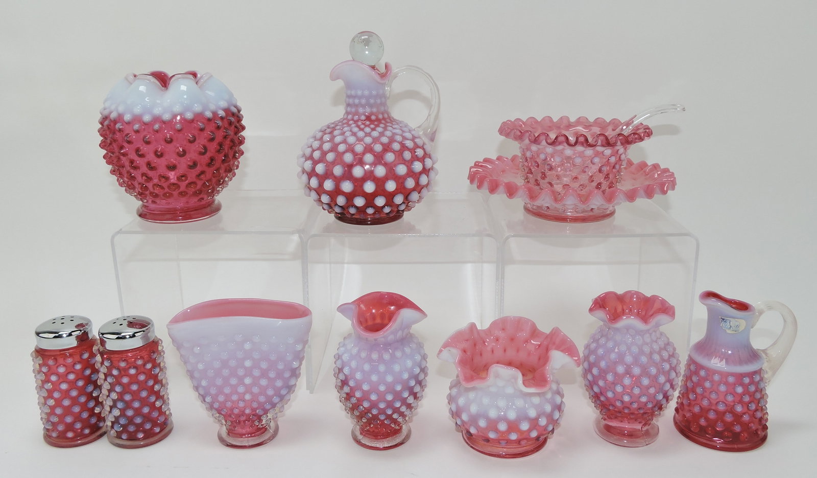 Fenton cranberry opalescent hobnail: lot of 9 pcs