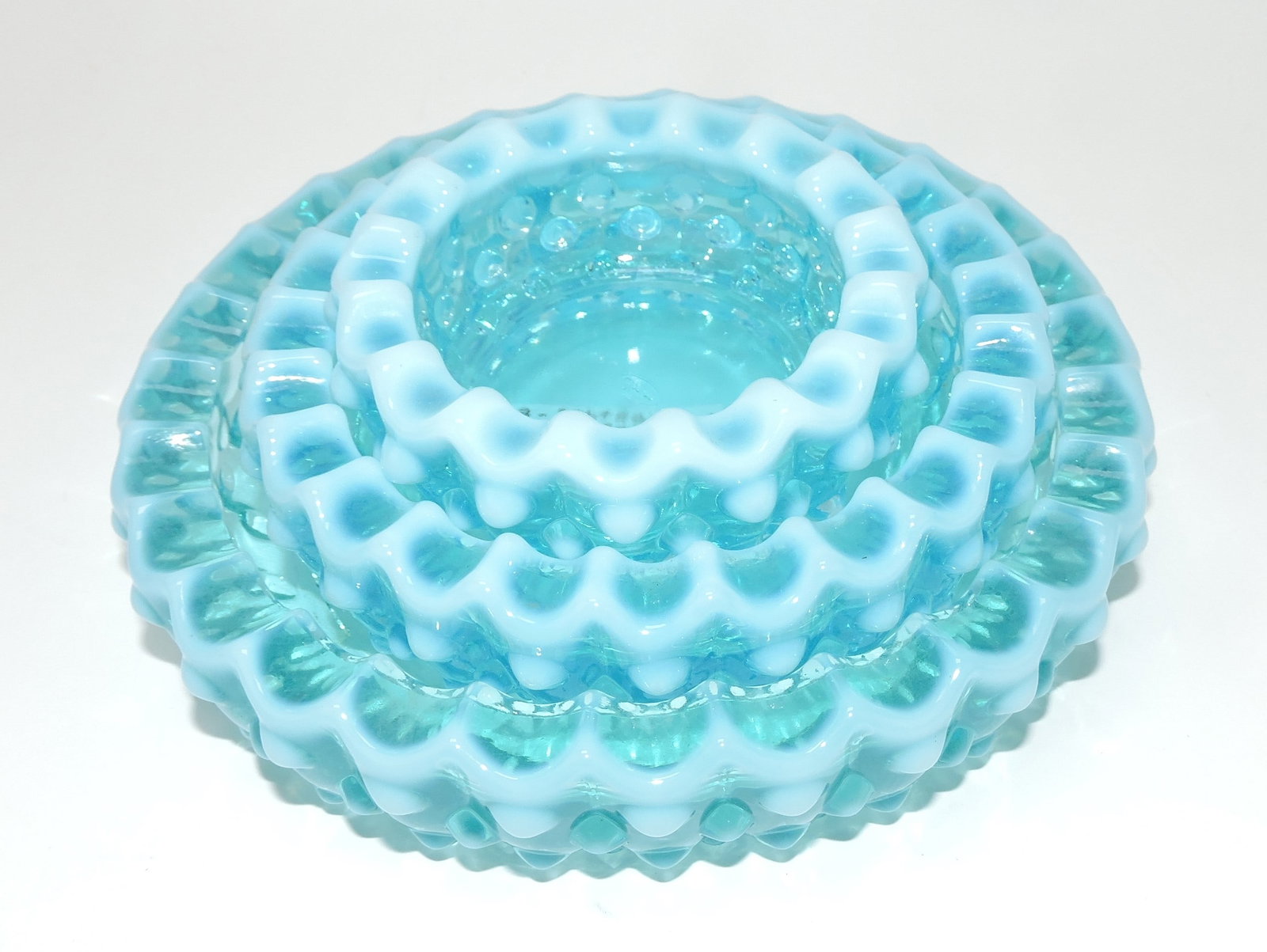Fenton early blue opalescent hobnail: 3 pc ashtray set