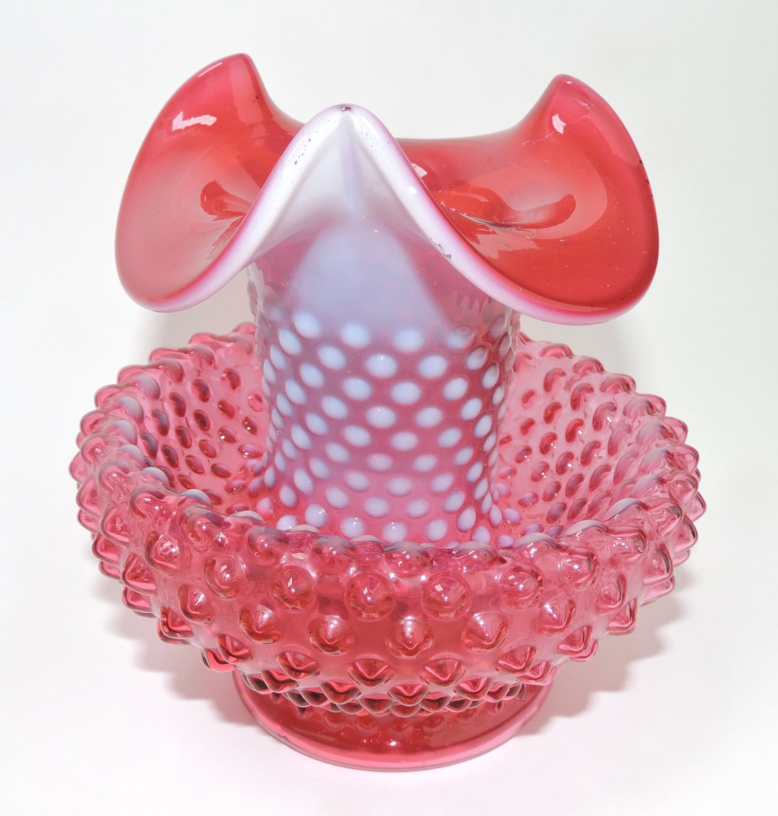 Fenton cranberry opalescent hobnail: whimsey vase, 5"