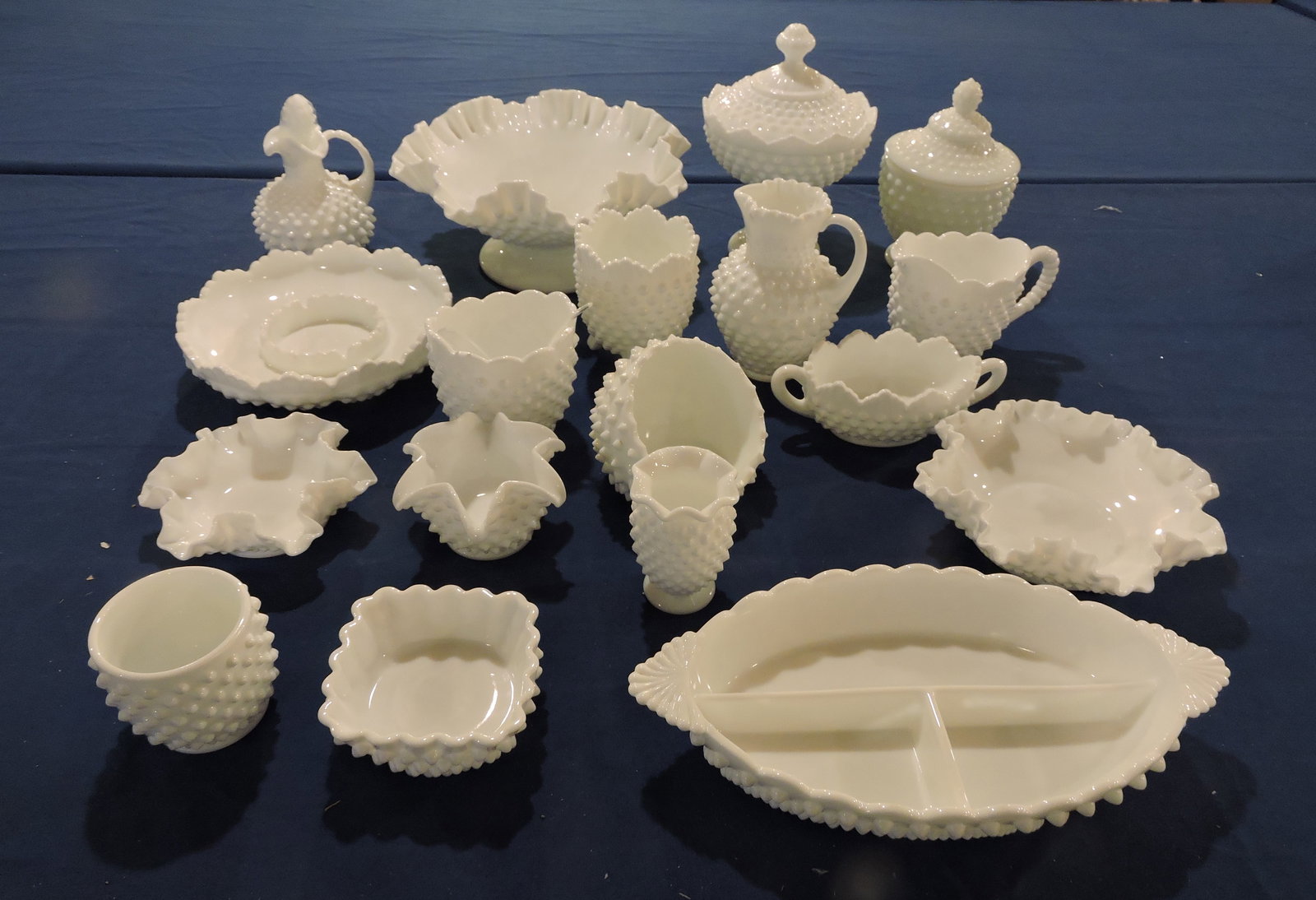 Fenton lot of 17 pcs of milk glass hobnail: .