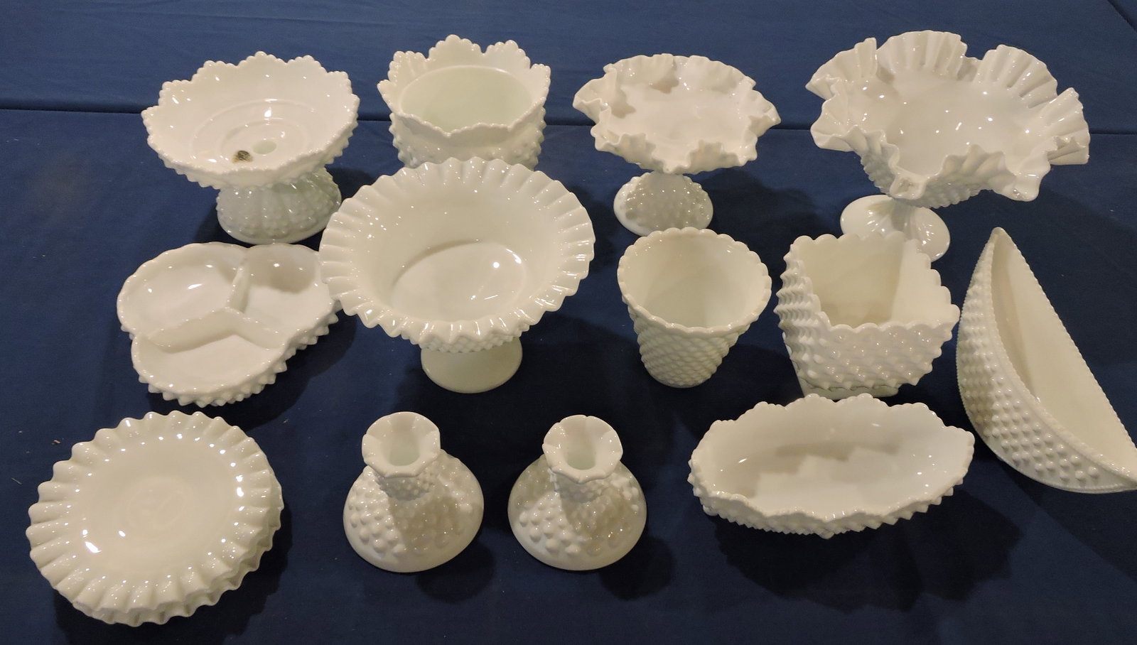 Fenton lot of 15 pcs of milk glass hobnail: .