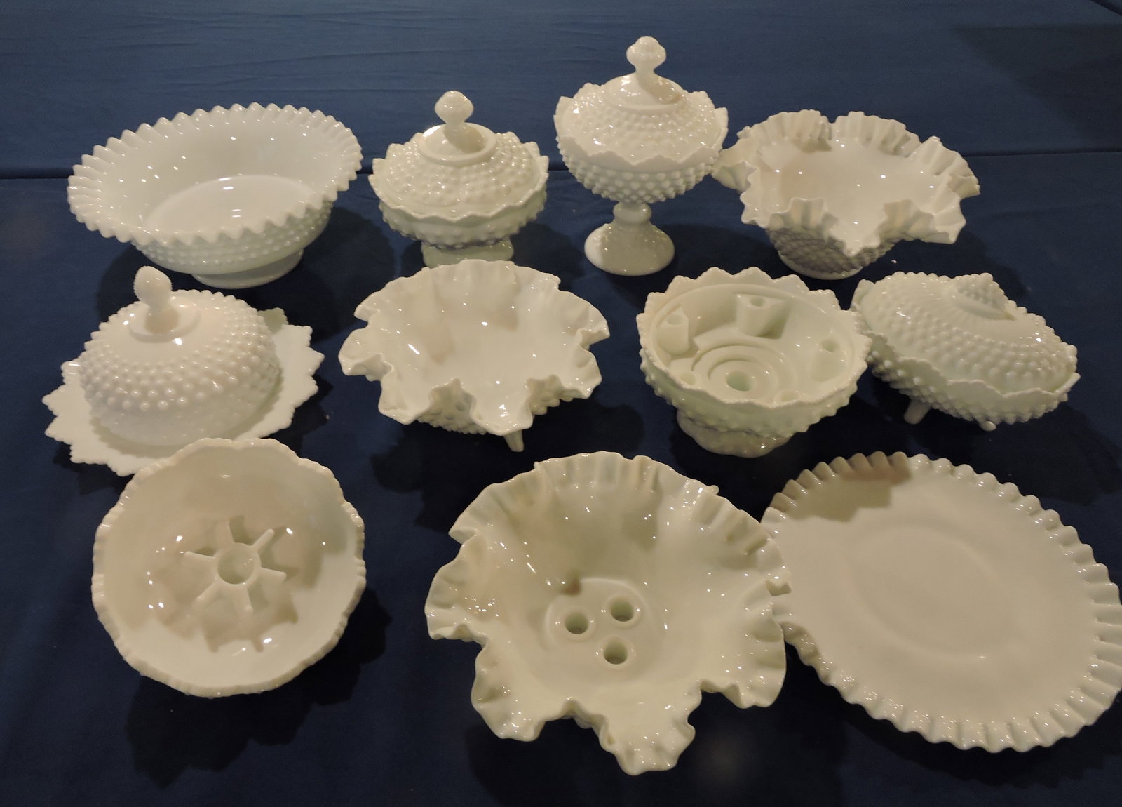Fenton lot of 11 pcs of milk glass hobnail: .