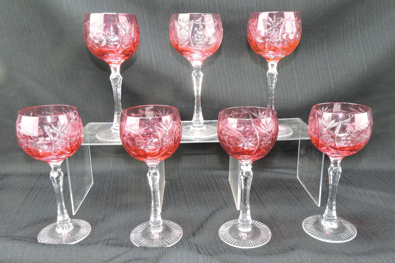 Bohemian cranberry cut to clear set of: 7 - 7 1/2" wine goblets