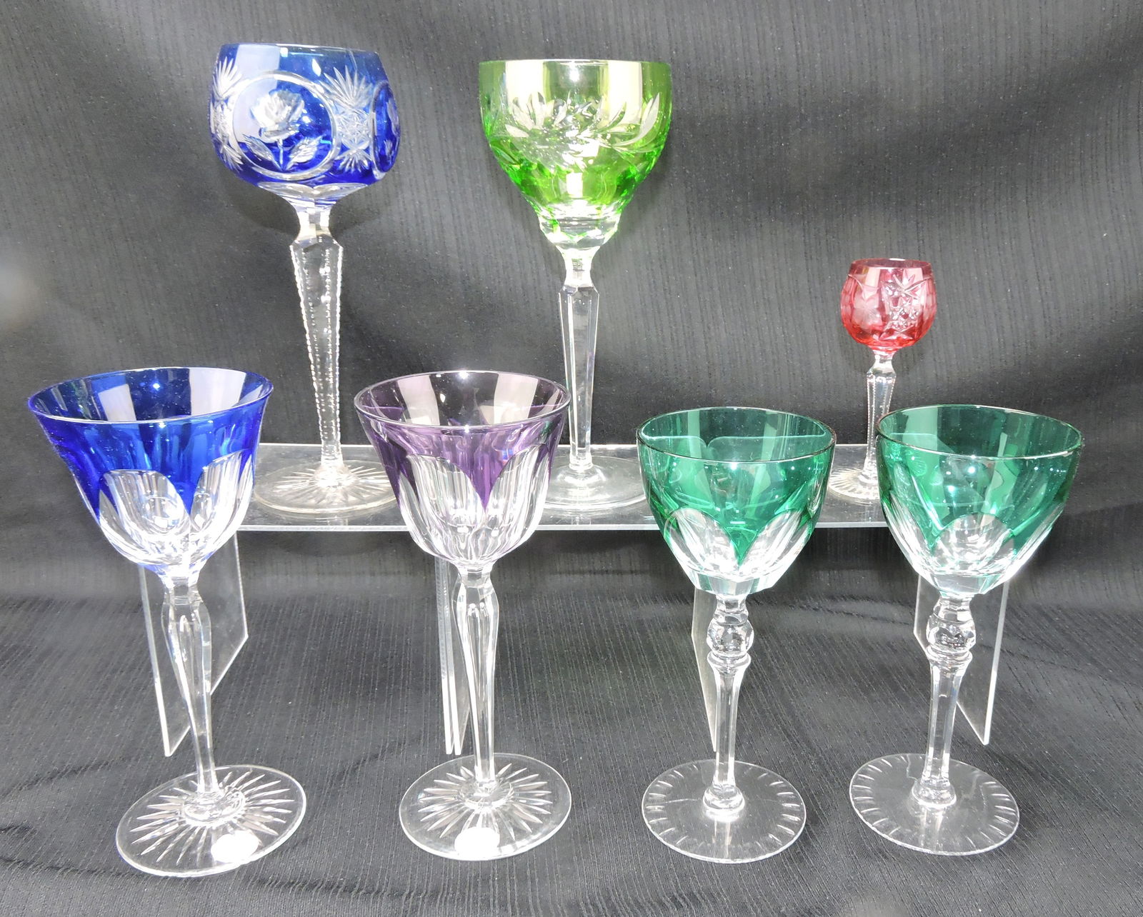 Bohemian lot of 7 stemmed wine goblets: .