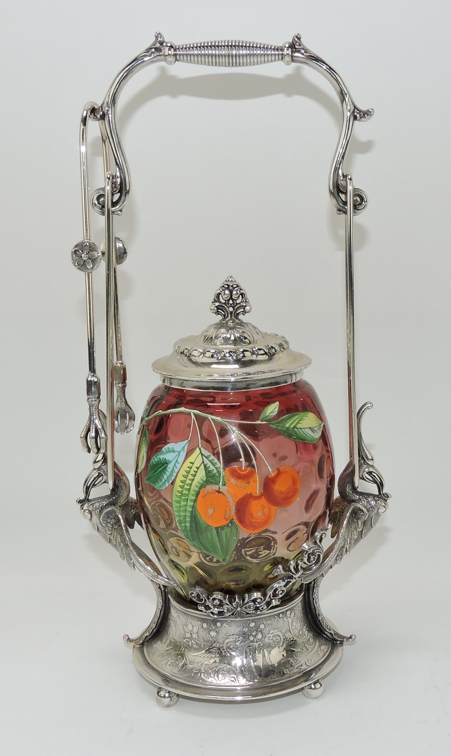 Wilcox Silver Co pickle castor with: amberina pickle castor with enameled cherries, 12"