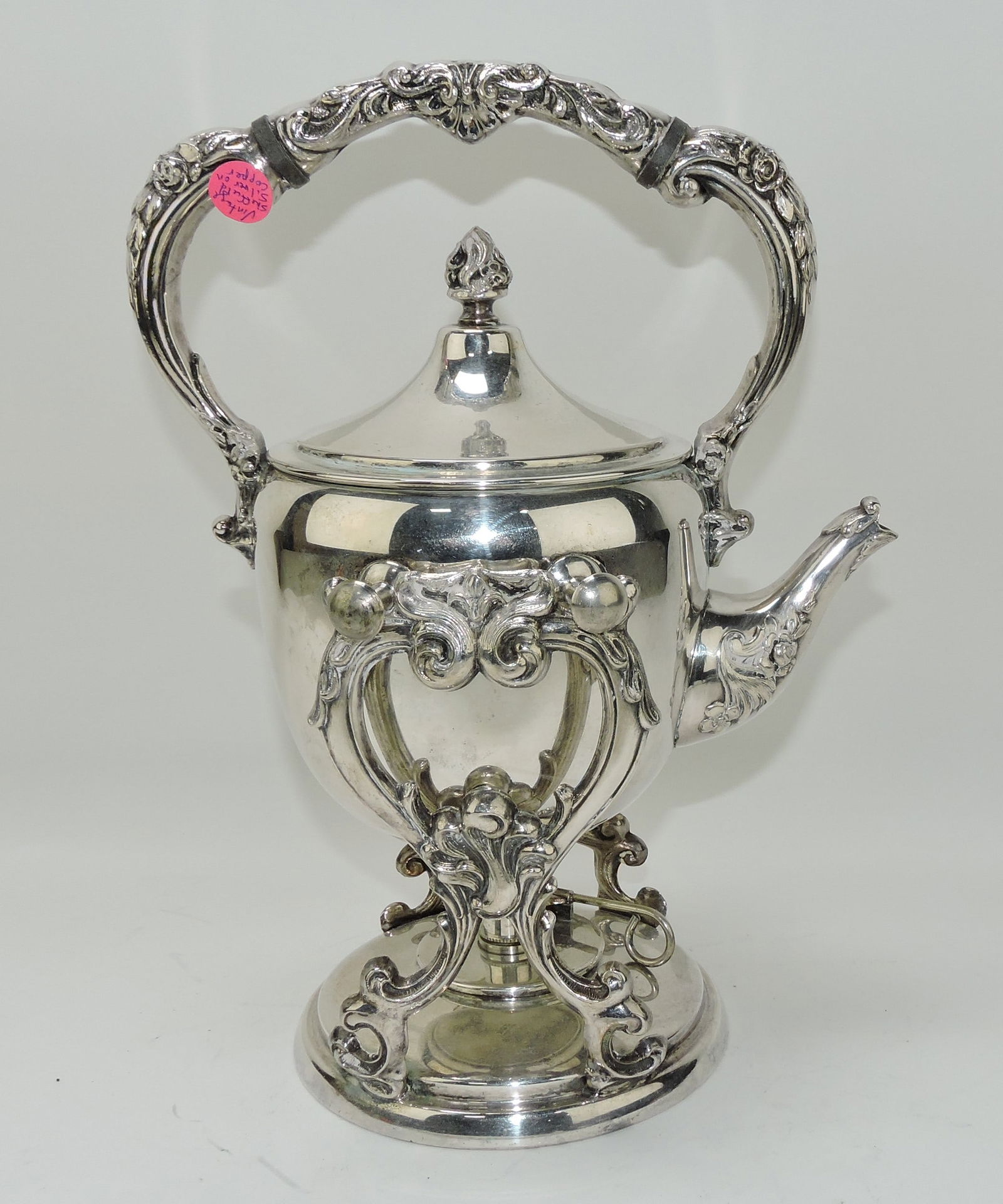 Silver on copper tea kettle with stand, 13" (1 of 1)