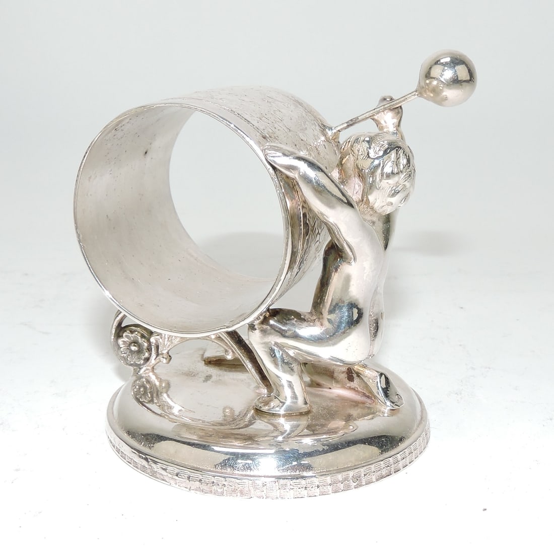 Silver plate figural napkin ring with: drummer boy, 3"