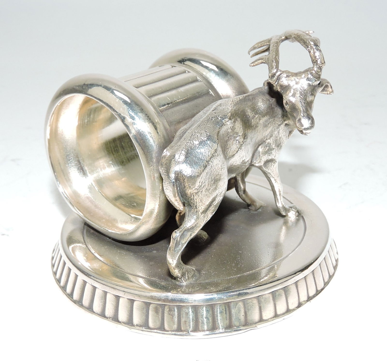 Rockford silver plate figural napkin: ring with stag, #196, 2 1/2"