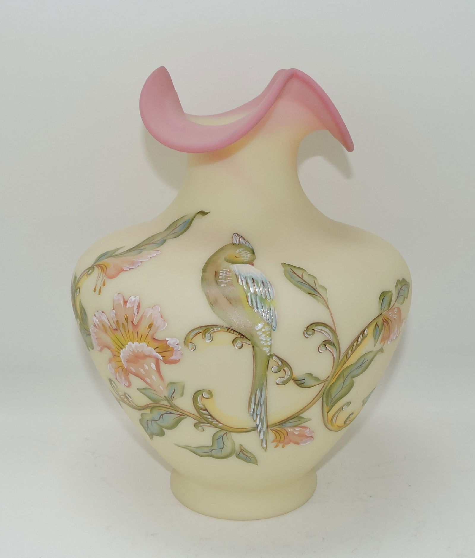 Fenton burmese large vase with bird, (1 of 1)