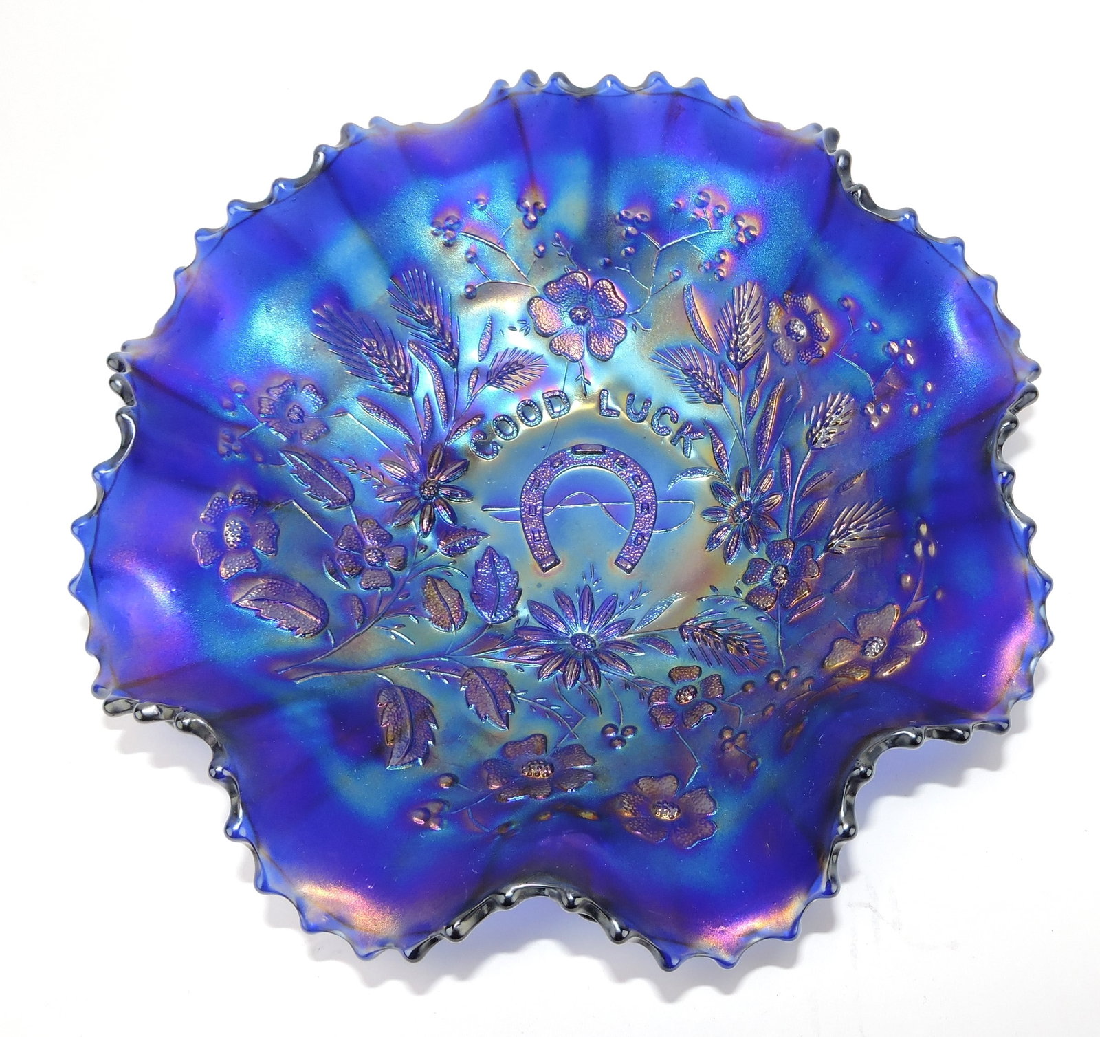Fenton electric blue carnival glass: Good Luck bowl