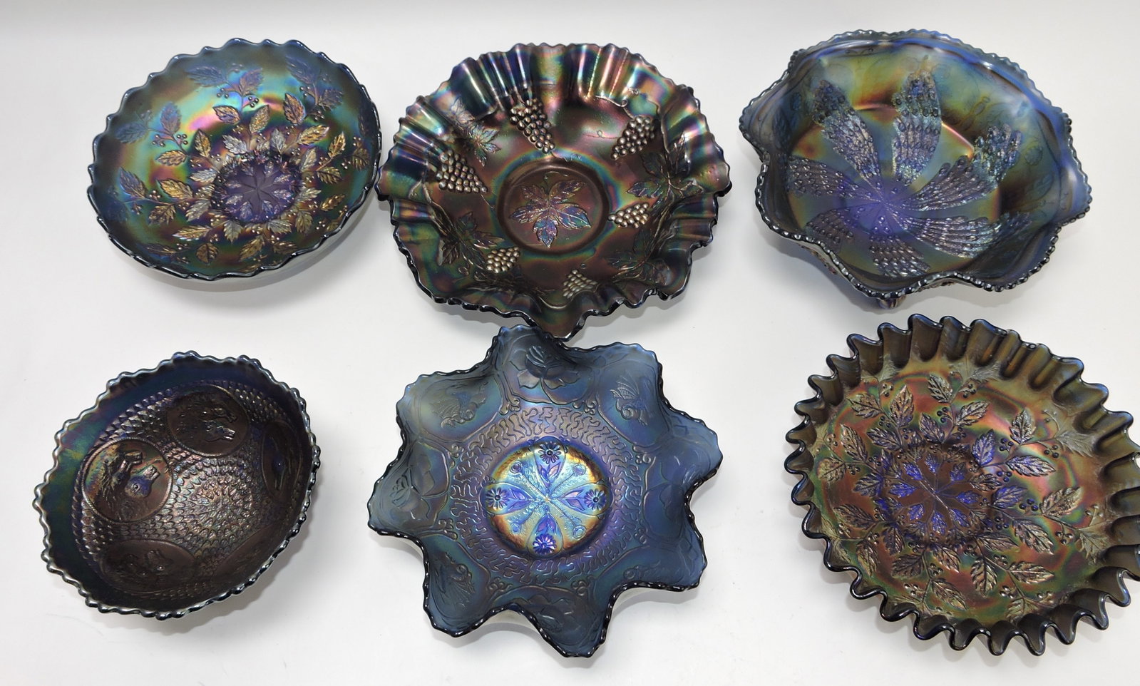 Blue carnival glass lot of 6 bowls:: Fenton holly, Vintage, Fan Tail, Horse Medallion, Dragon & Lotus