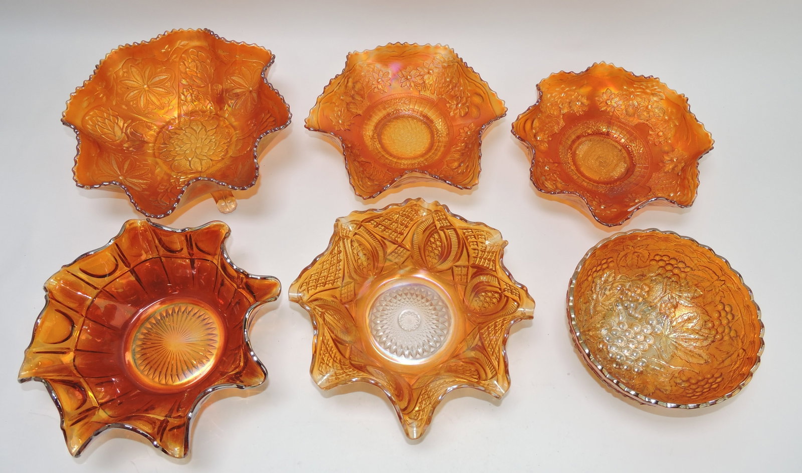 Marigold carnival glass lot of 6: assorted bowls